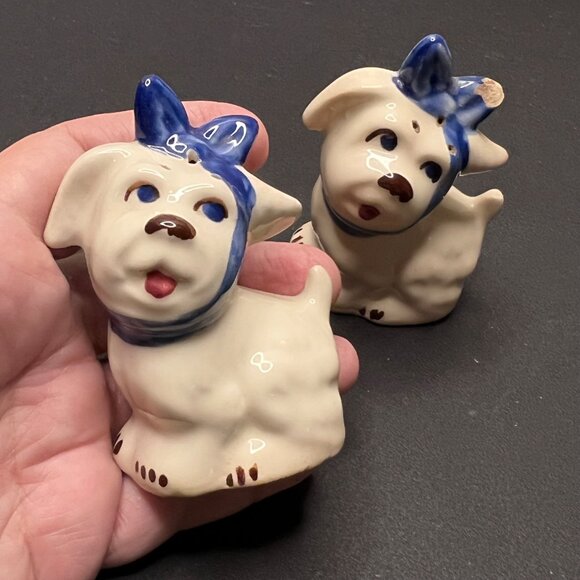 Vintage Ceramic Dog Salt & Pepper Shakers With Blue Bow Design Table Decor Retro - Picture 3 of 15